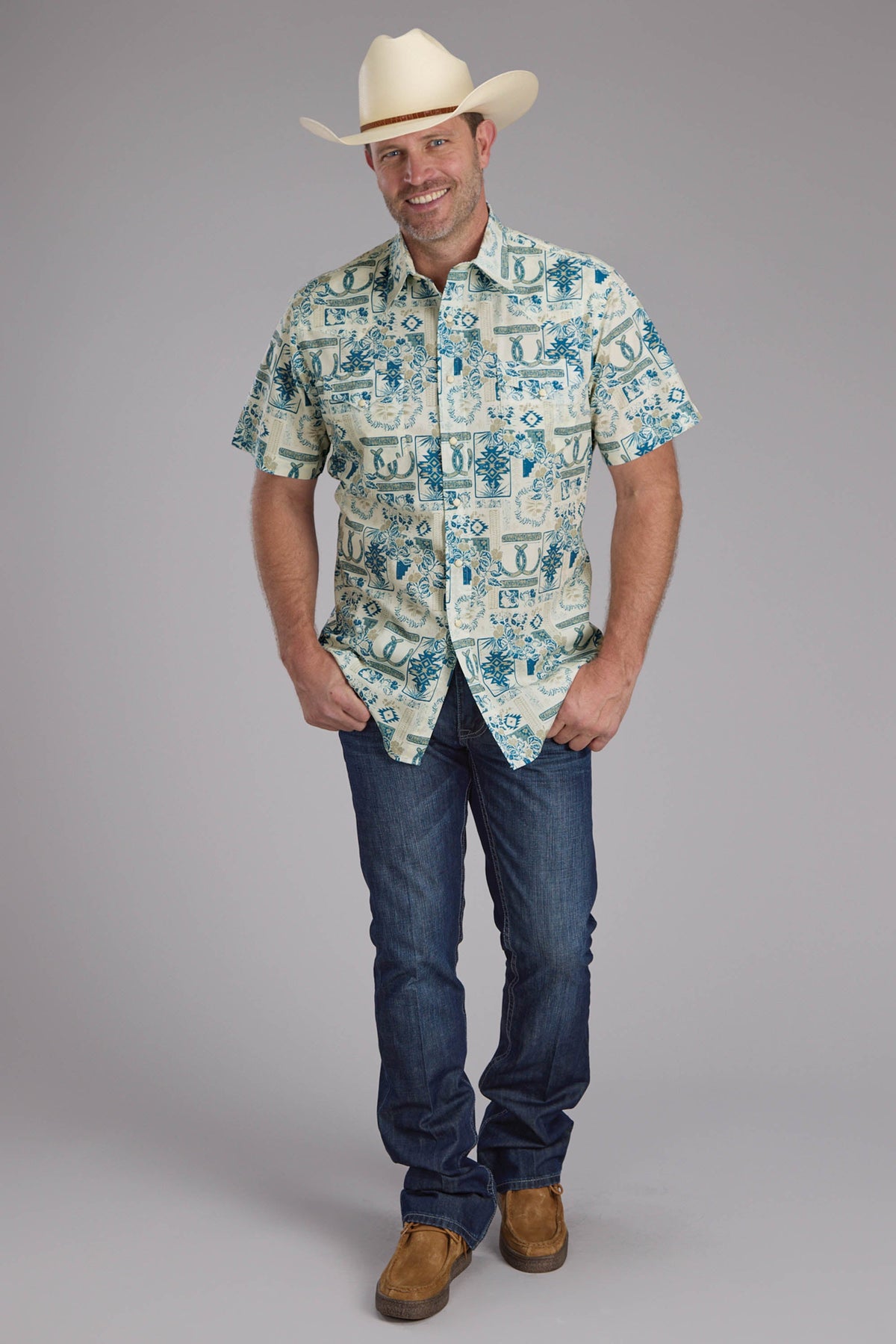 Mens Tropical Resort Print Short Sleeve Snap Western Shirt