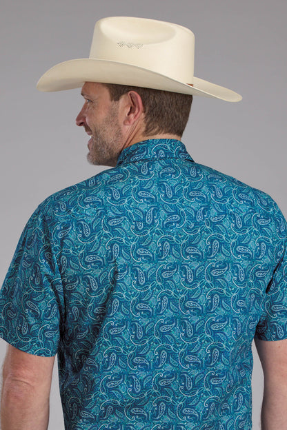 Mens Denim Paisley Print Short Sleeve Snap Western Shirt