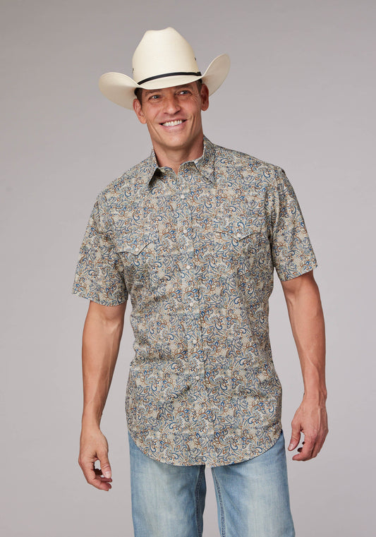 Mens Sketchy Paisley Print Short Sleeve Snap Western Shirt