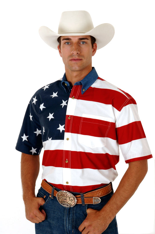 Mens Red White And Blue Stars And Stripes Pieced American Flag Short Sleeve