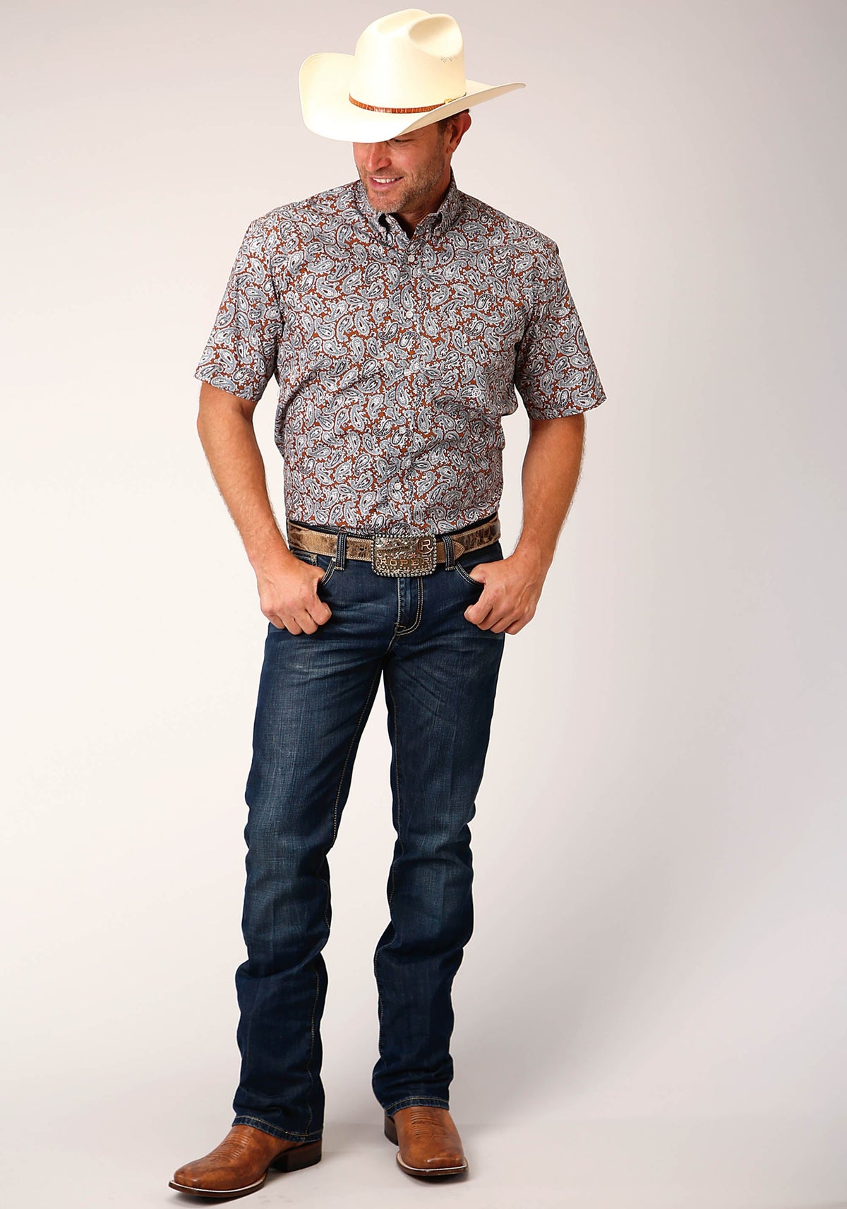 Mens Short Sleeve Button Copper Spring Paisley Western Shirt