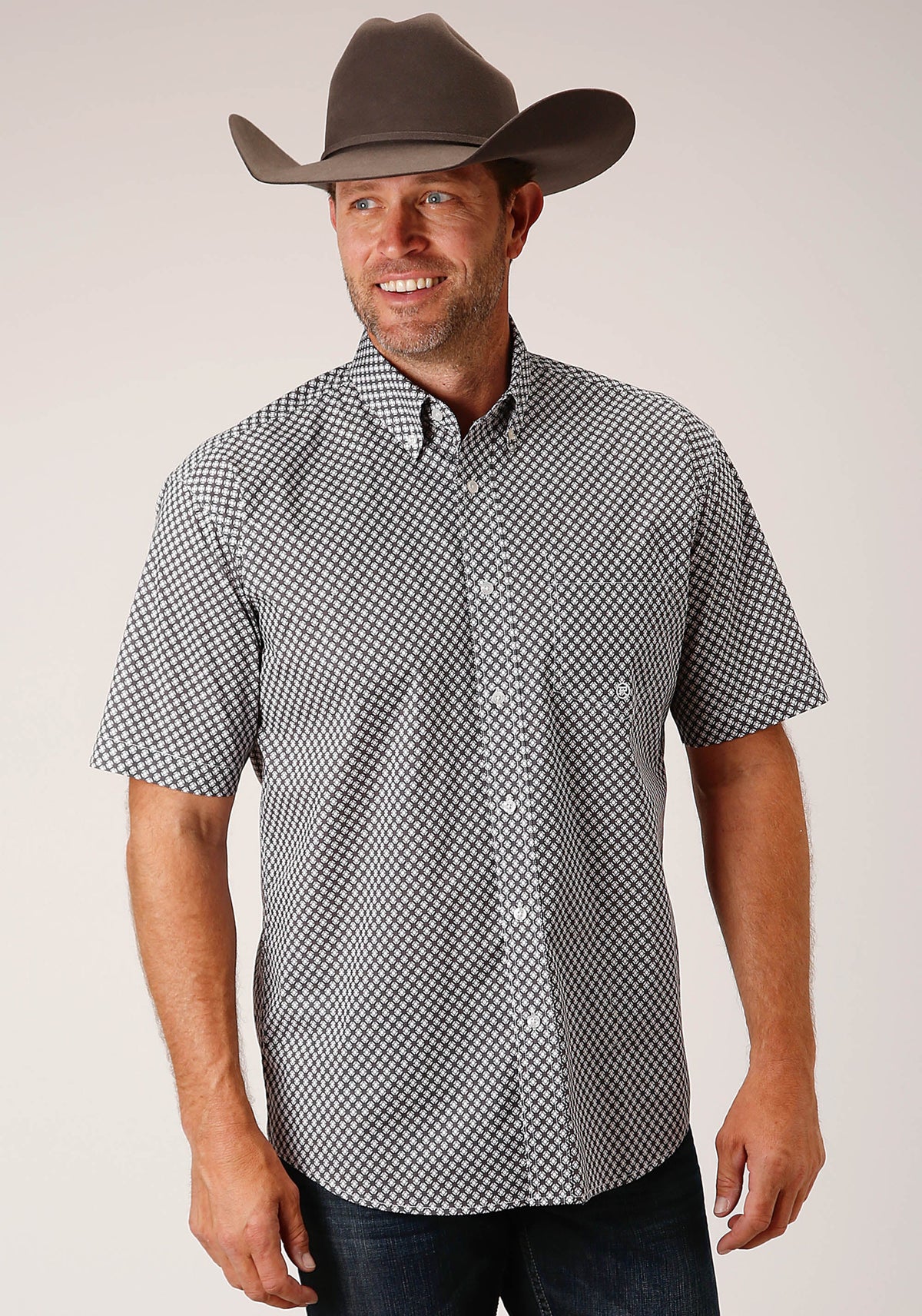Mens Short Sleeve Button Diamond Star Geo  Grey Western Shirt