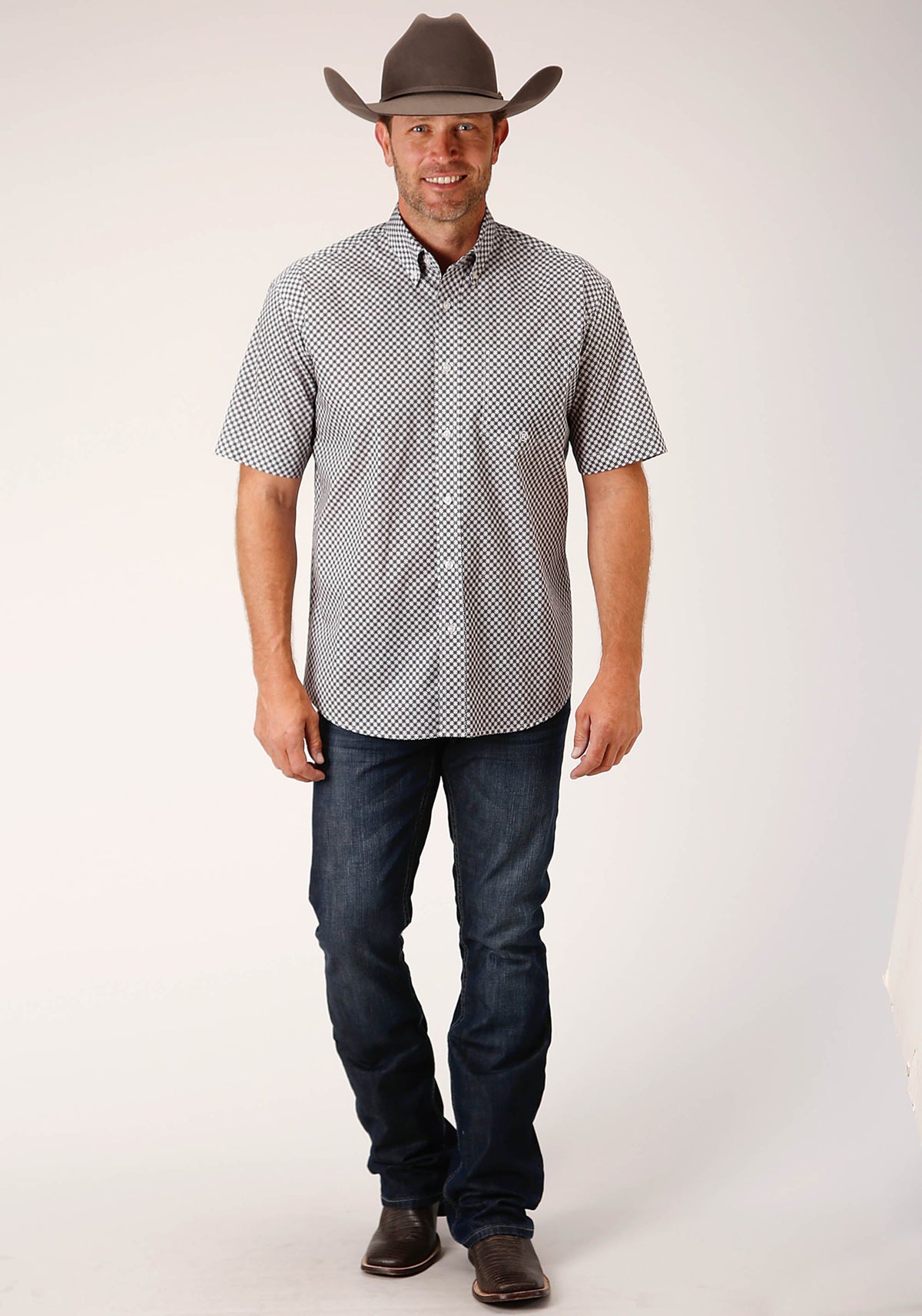 Mens Short Sleeve Button Diamond Star Geo  Grey Western Shirt