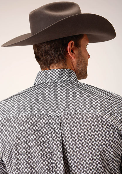 Mens Short Sleeve Button Diamond Star Geo  Grey Western Shirt