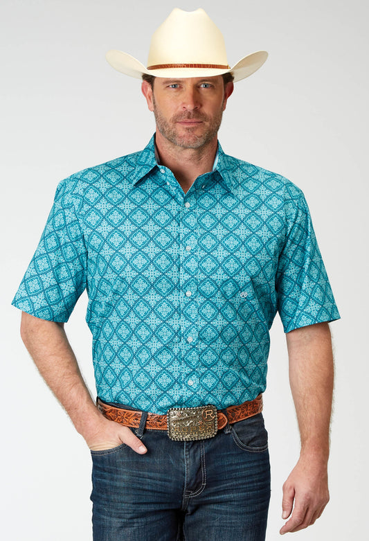 Mens Short Sleeve Button Lake Medallion Western Shirt