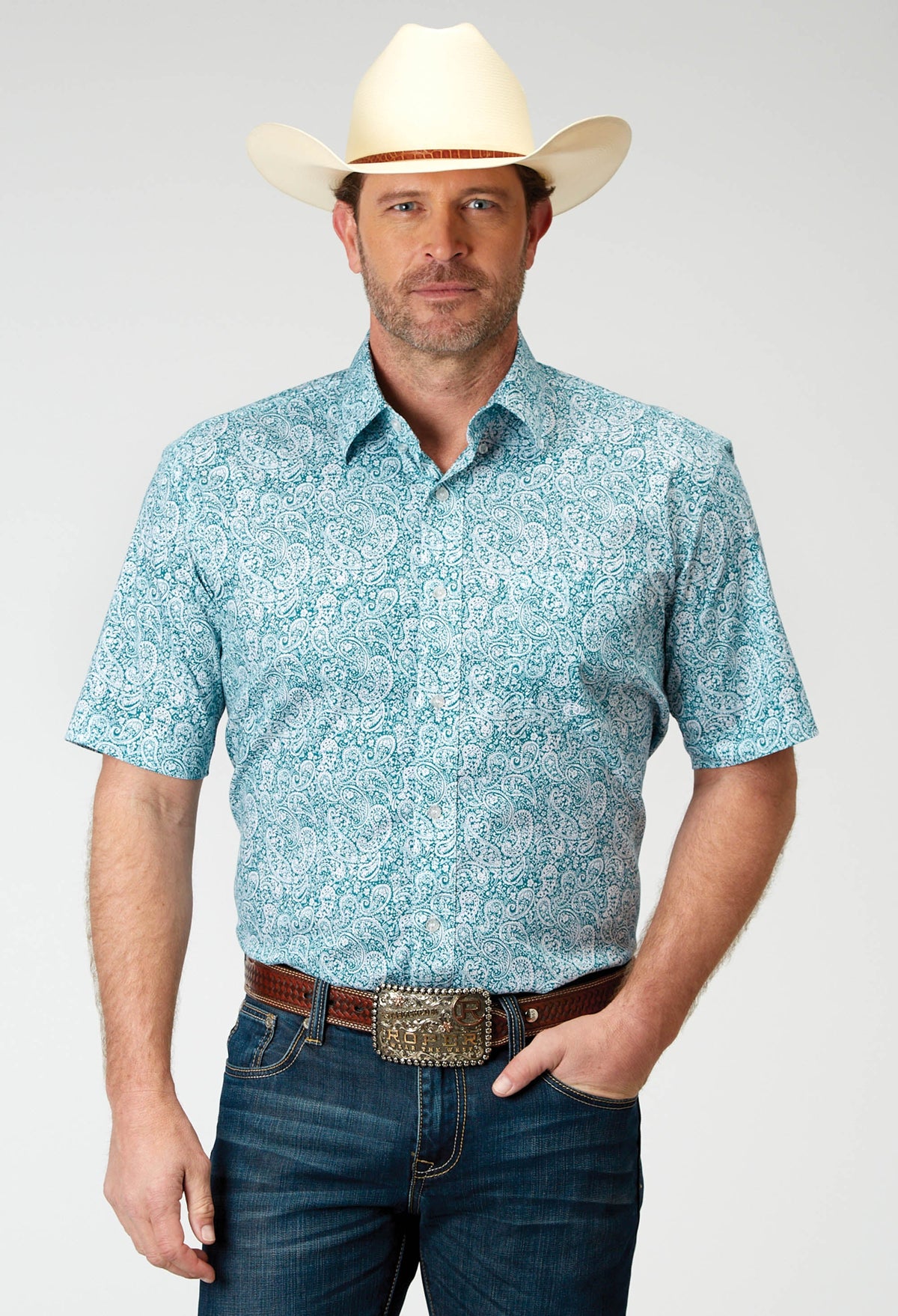 Mens Short Sleeve Button Stretch Poplin Teal Paisley Western Shirt