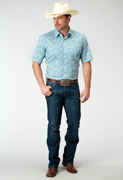 Mens Short Sleeve Button Stretch Poplin Teal Paisley Western Shirt