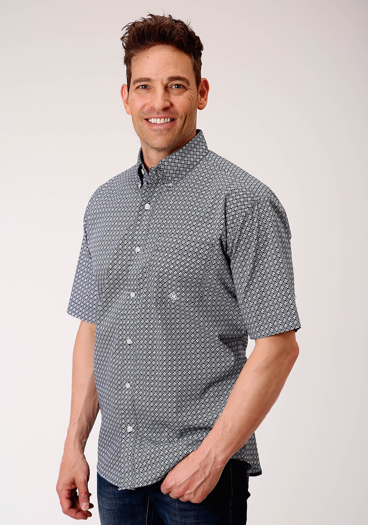 Mens Short Sleeve Button Bell Foulard Western Shirt