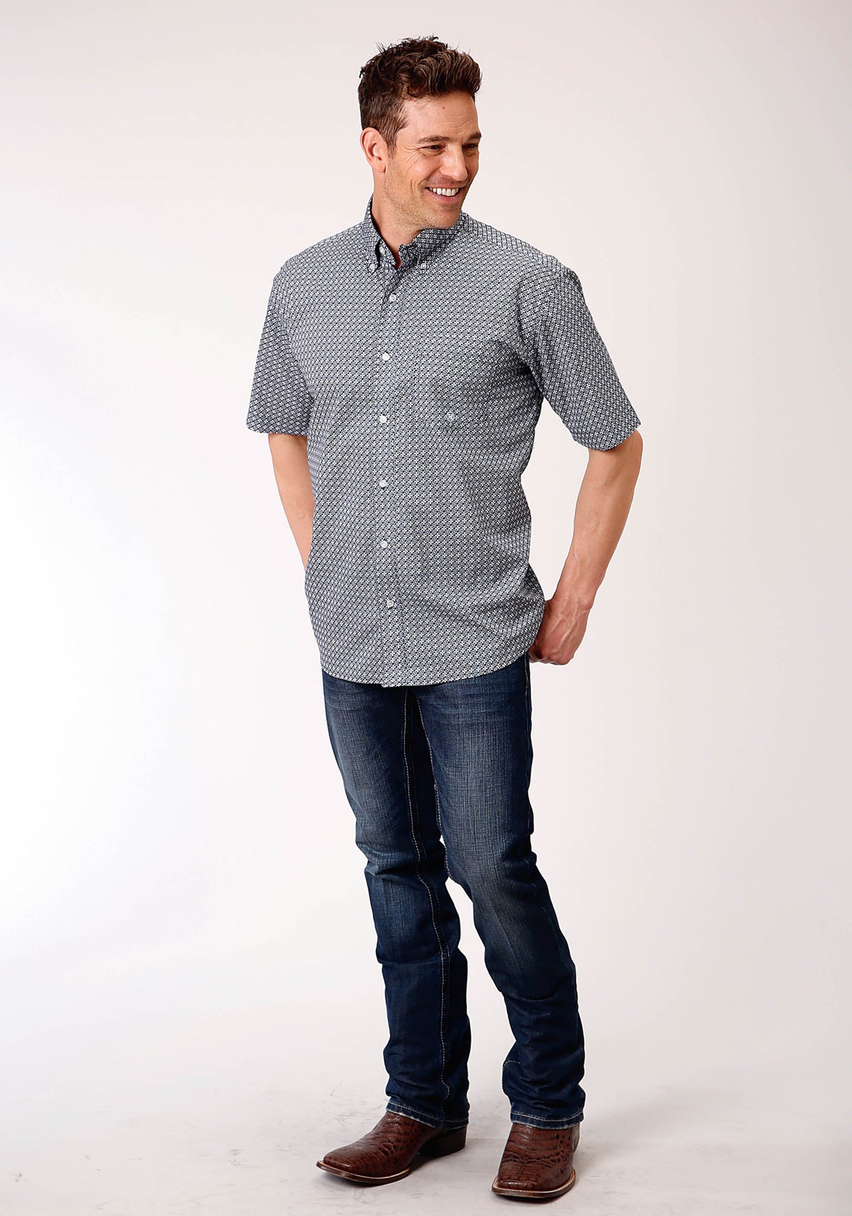 Mens Short Sleeve Button Bell Foulard Western Shirt