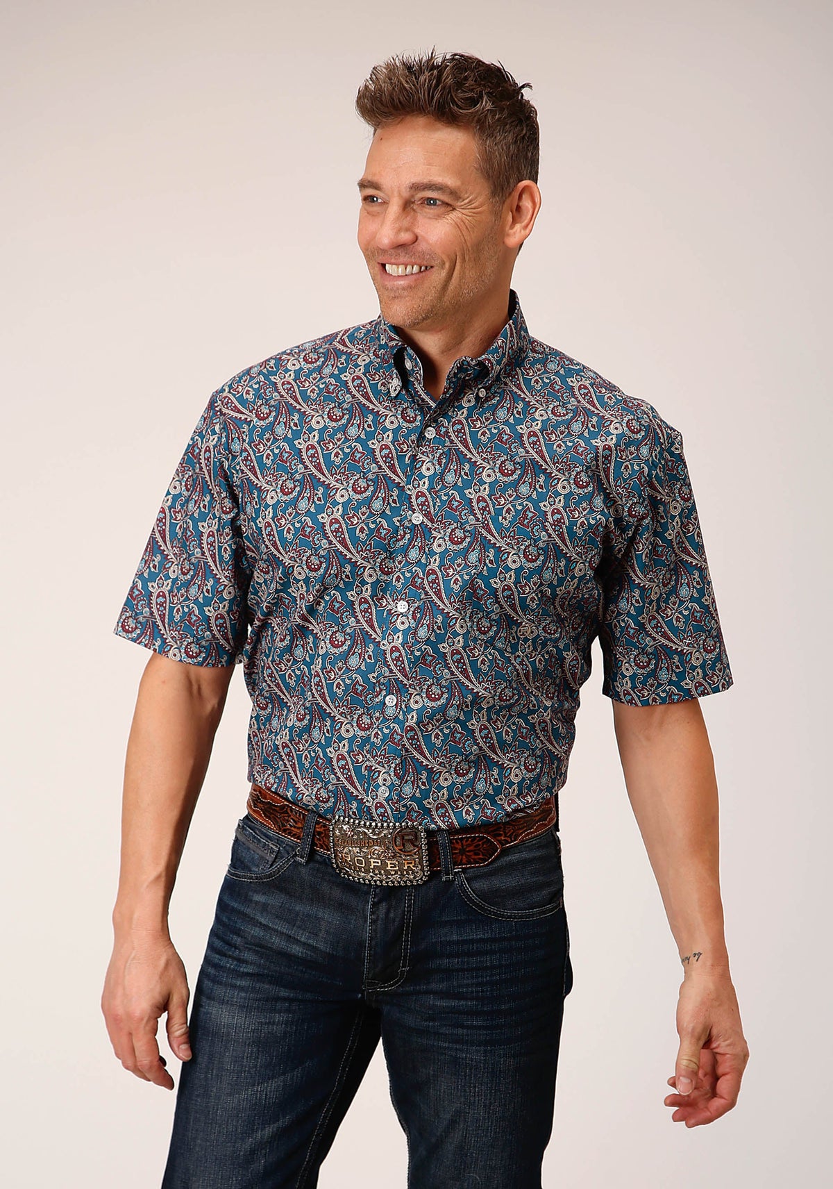 Mens Short Sleeve Button Independence Foulard Western Shirt