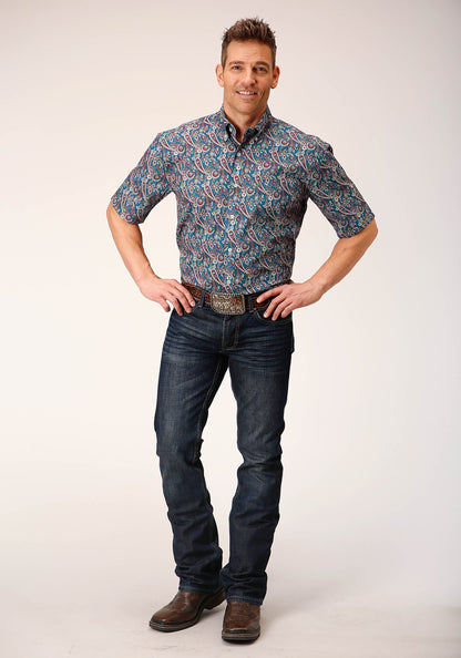 Mens Short Sleeve Button Independence Foulard Western Shirt