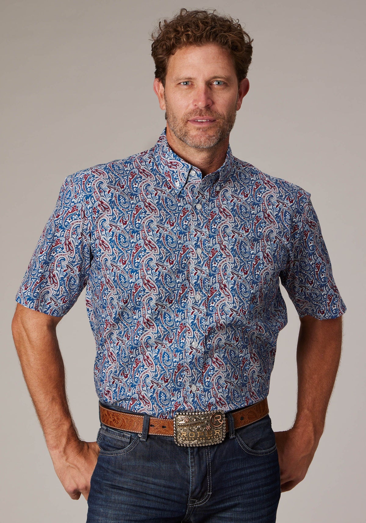 Mens Blue River Paisley Short Sleeve Button Western Shirt