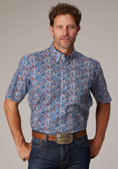 Mens Blue River Paisley Short Sleeve Button Western Shirt