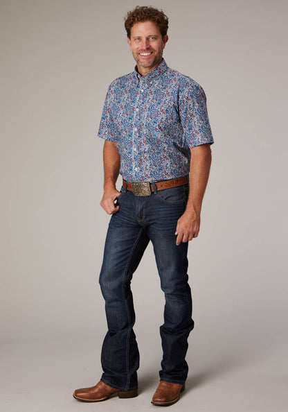 Mens Blue River Paisley Short Sleeve Button Western Shirt