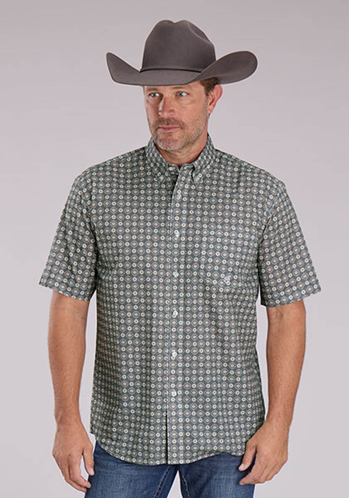 Mens Short Sleeve Button Medallion Foulard Western Shirt