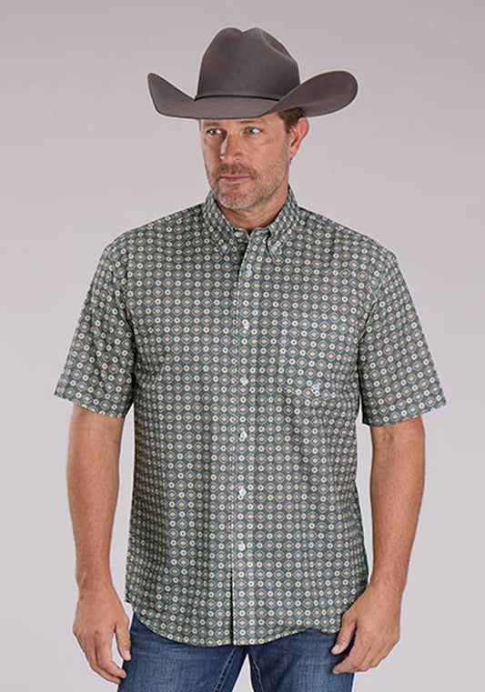 Mens Short Sleeve Button Medallion Foulard Western Shirt