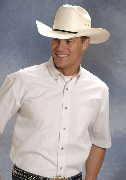 Mens White Solid Short Sleeve Western Button Shirt