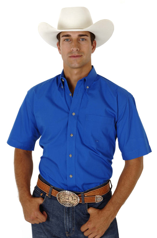 Mens Royal Blue Solid Short Sleeve Western Button Shirt