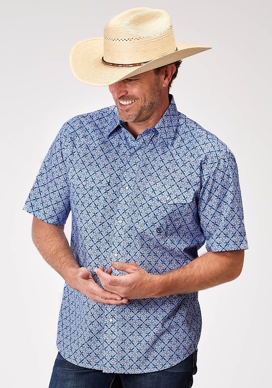Mens Short Sleeve Snap Blue Skies Tie Print Western Shirt Tall Fit