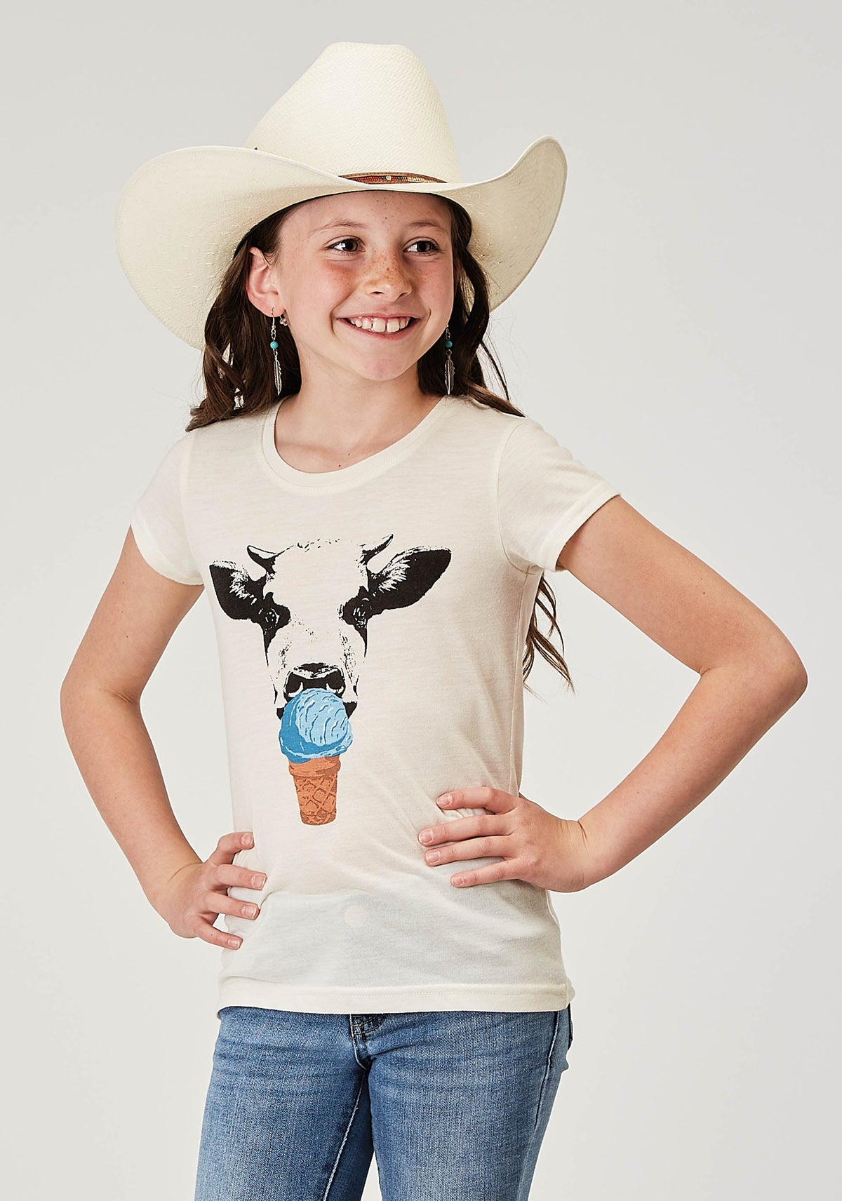 Girls Short Sleeve Poly Rayon Cream Western T Shirt With Screen Print Decor