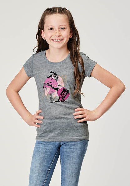 Girls Short Sleeve Light Grey Poly Rayon Western T Shirt With Screen Print