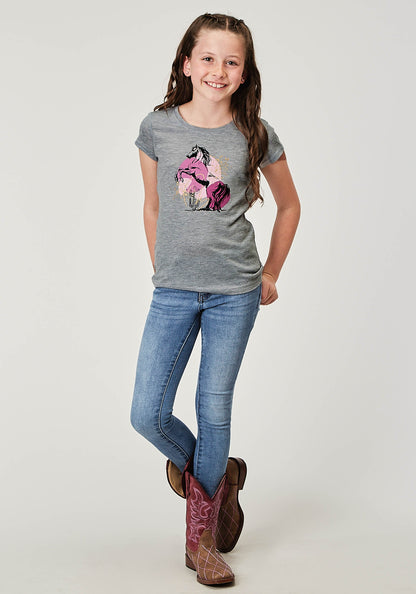 Girls Short Sleeve Light Grey Poly Rayon Western T Shirt With Screen Print