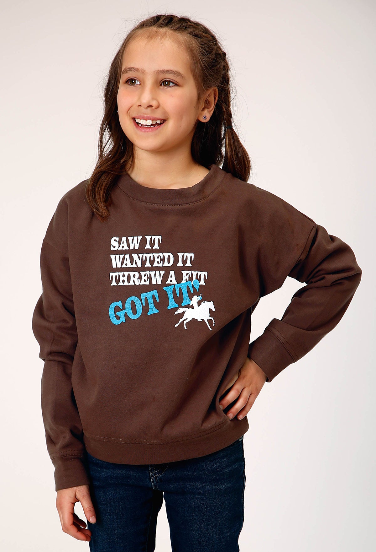 Girls Long Sleeve Dark Brown Cotton Fleece Western T Shirt With Scoop Neck