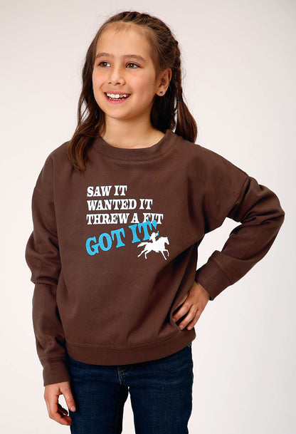 Girls Long Sleeve Dark Brown Cotton Fleece Western T Shirt With Scoop Neck