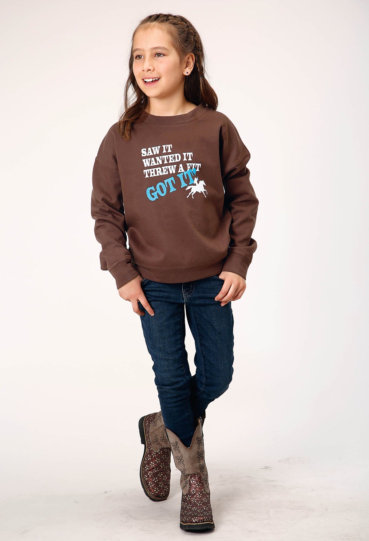 Girls Long Sleeve Dark Brown Cotton Fleece Western T Shirt With Scoop Neck