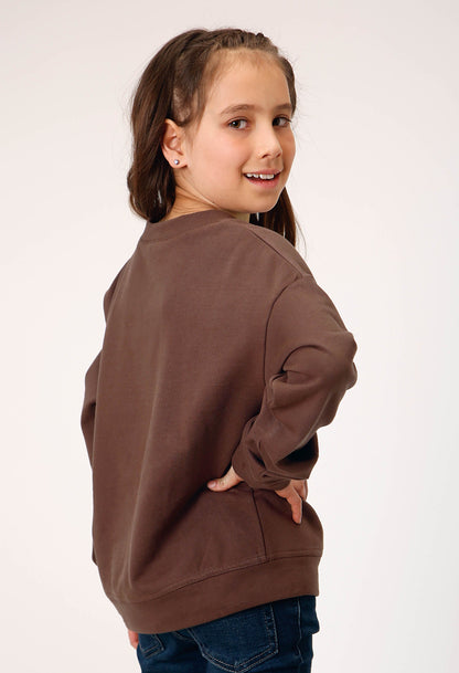 Girls Long Sleeve Dark Brown Cotton Fleece Western T Shirt With Scoop Neck