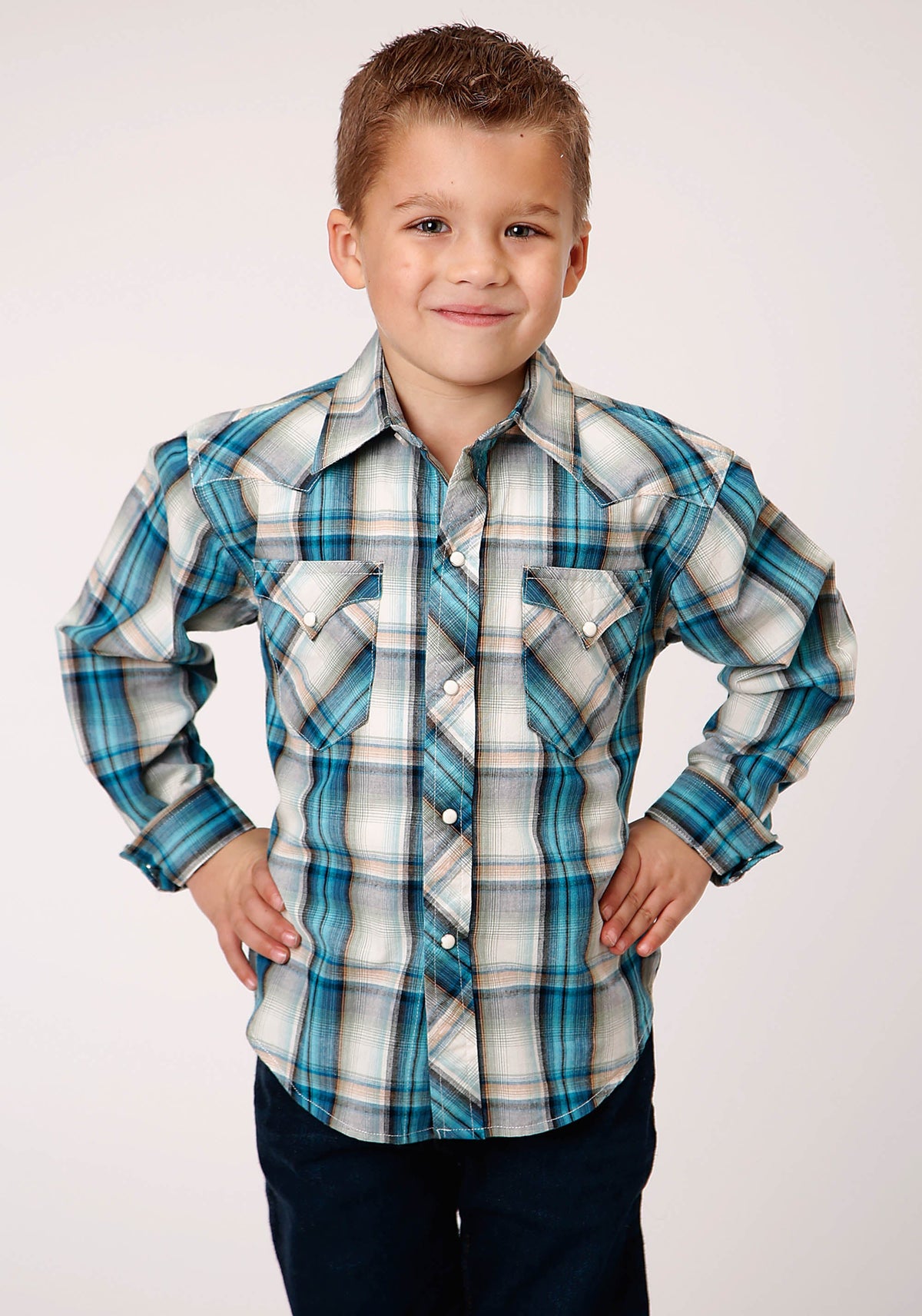 Boys Long Sleeve Snap Vintage Turquoise Plaid Western Shirt