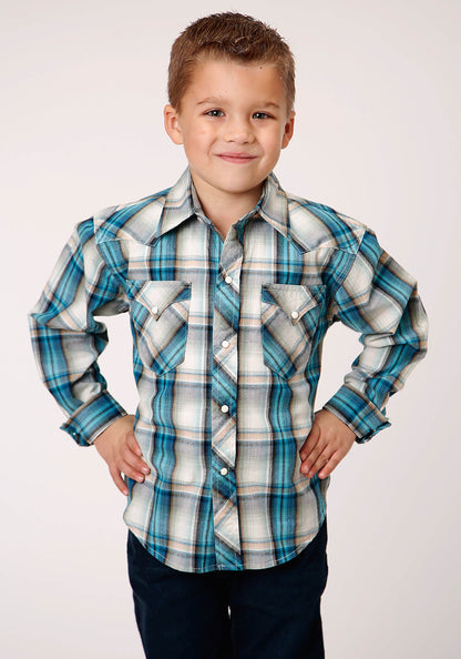 Boys Long Sleeve Snap Vintage Turquoise Plaid Western Shirt