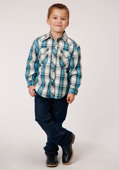 Boys Long Sleeve Snap Vintage Turquoise Plaid Western Shirt
