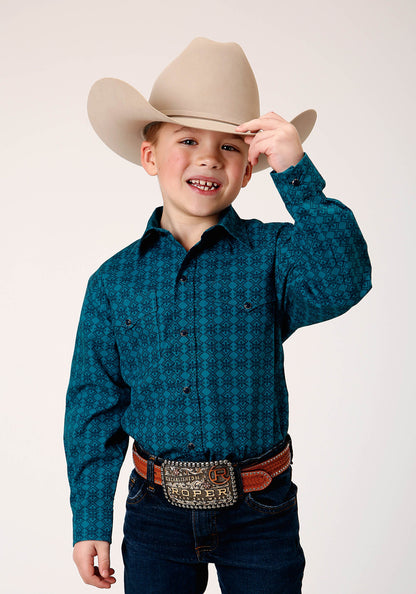Boys Long Sleeve Snap Tiles Print Western Shirt