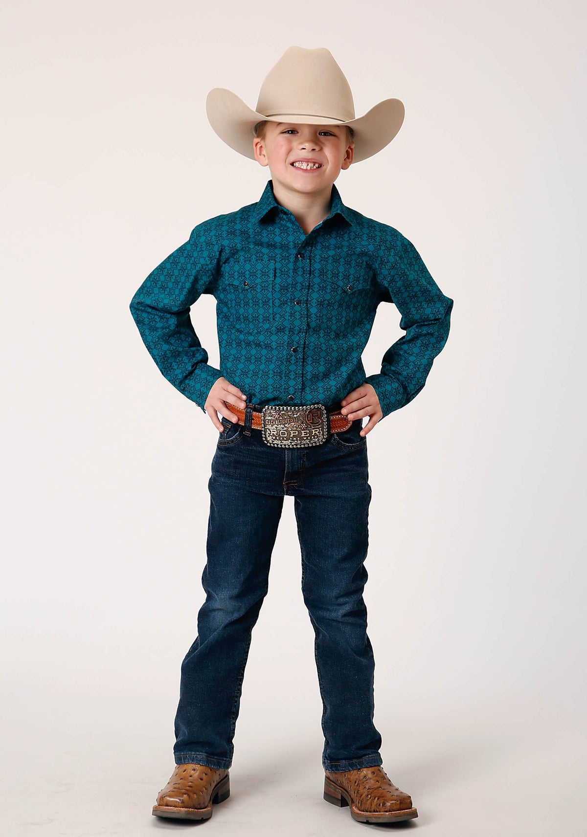 Boys Long Sleeve Snap Tiles Print Western Shirt