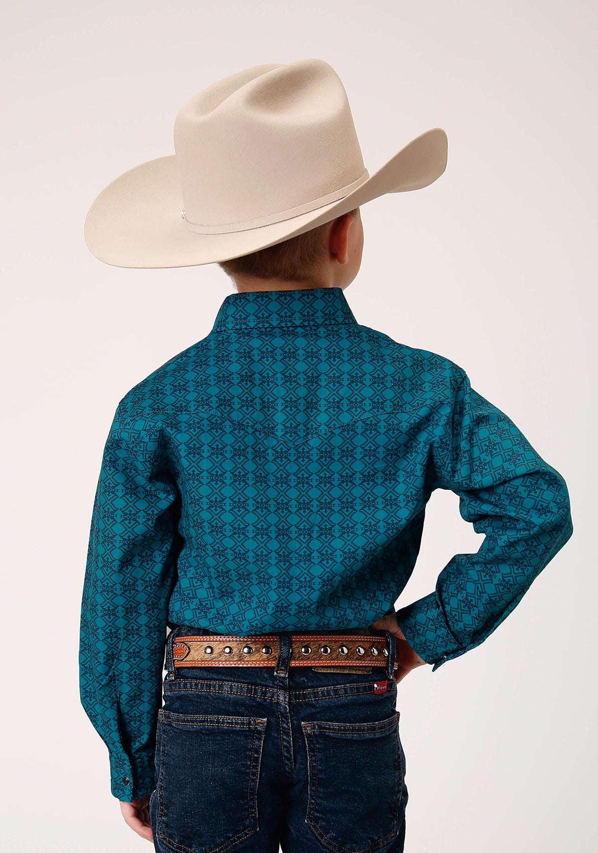 Boys Long Sleeve Snap Tiles Print Western Shirt