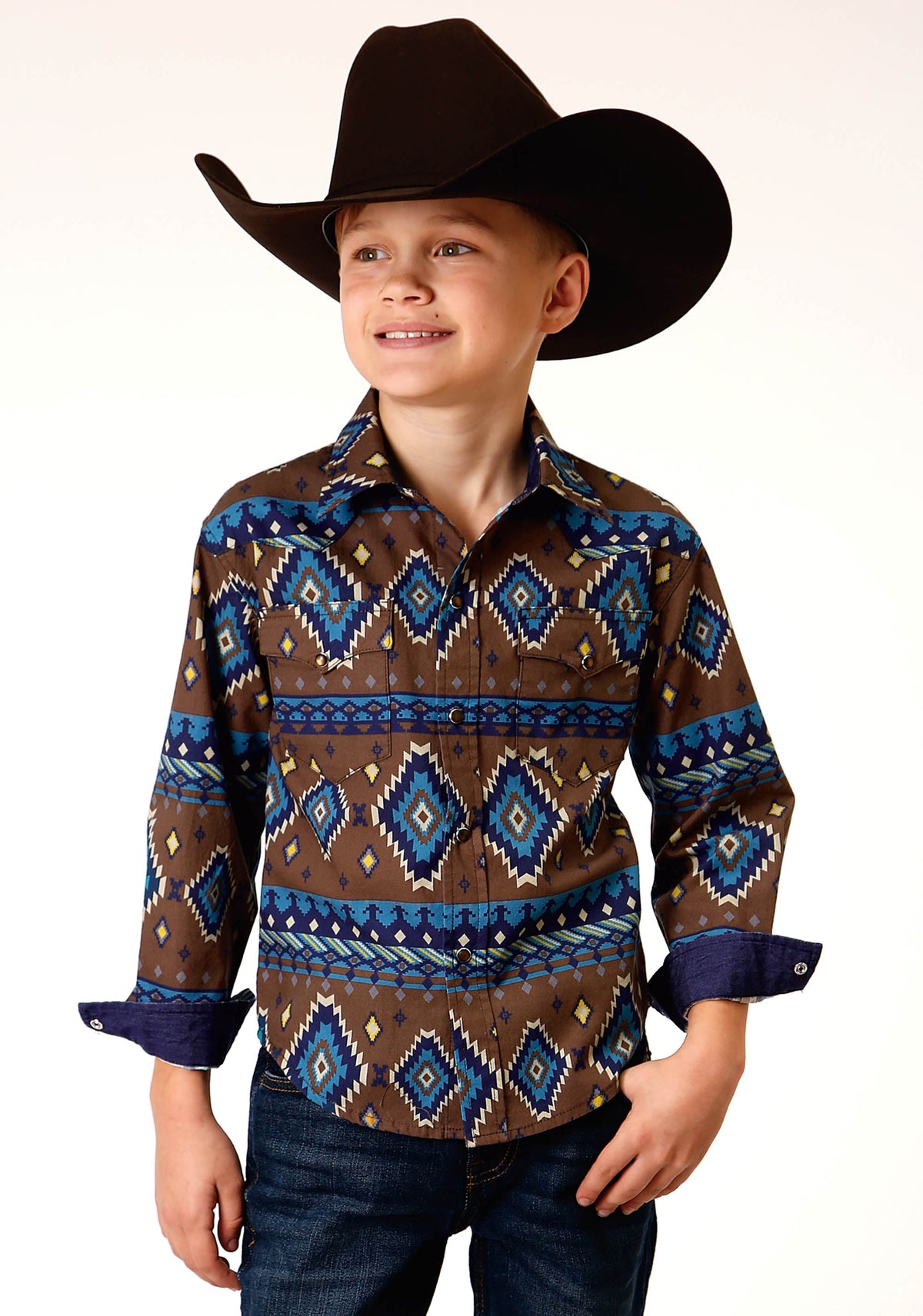 Boys Long Sleeve Snap Chocolate Aztec Print Western Shirt
