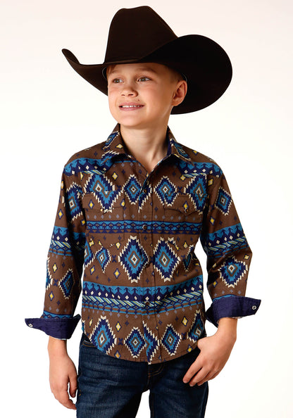 Boys Long Sleeve Snap Chocolate Aztec Print Western Shirt
