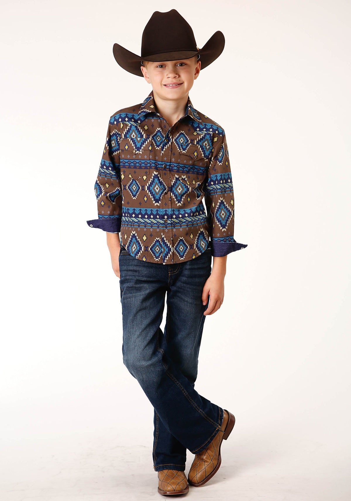 Boys Long Sleeve Snap Chocolate Aztec Print Western Shirt