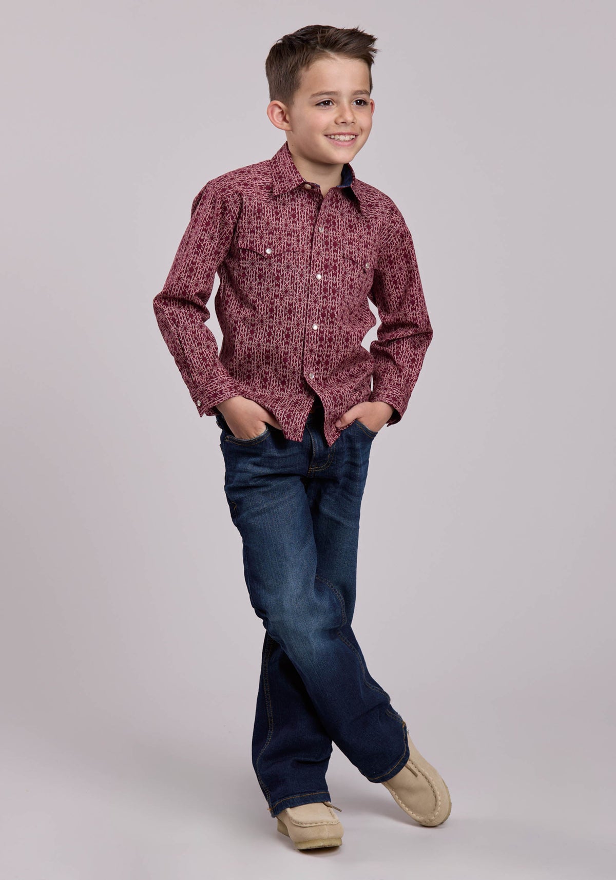 Boys Long Sleeve Snap Linear Aztec Print Western Shirt