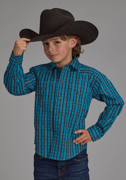 Boys Micro Aztec Print Long Sleeve Snap Western Shirt