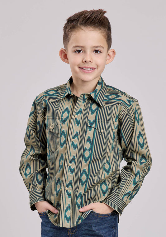 Boys Roper Navajo Stripes Print Long Sleeve Snap Shirt