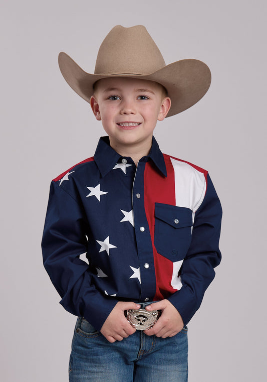 Boys Roper Vertical Stars And Stripe Print Western Snap Shirt