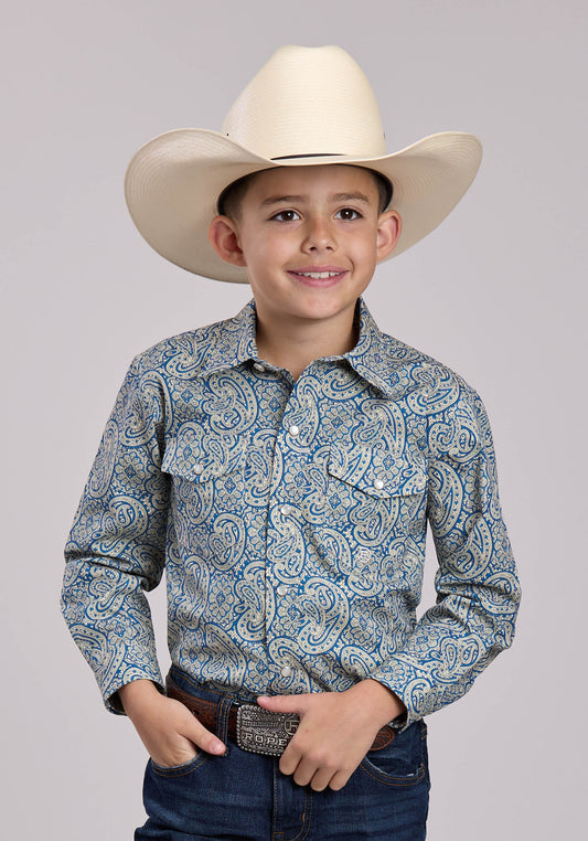 Boys Roper Blue Line Paisley Long Sleeve Snap Shirt