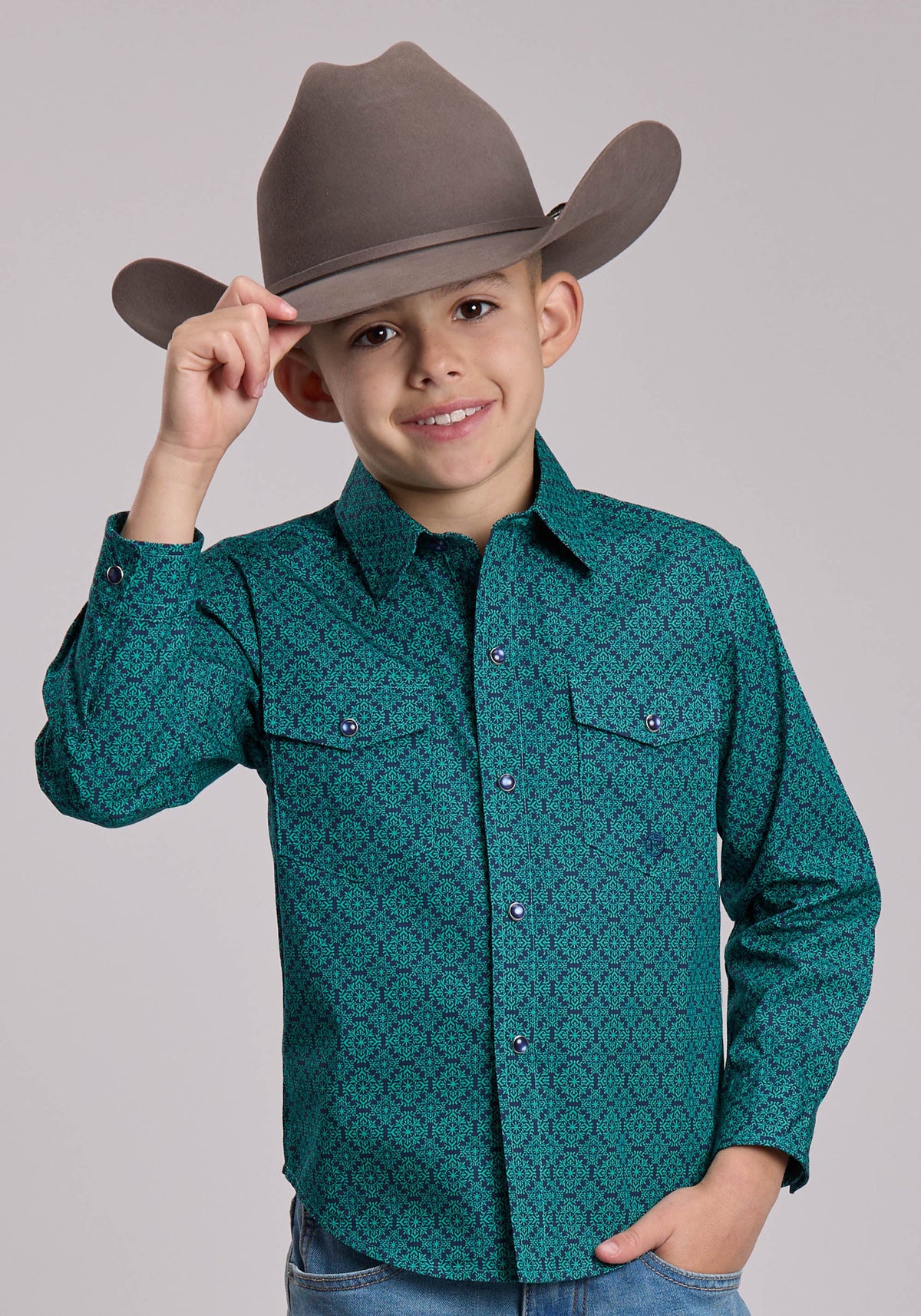 Boys Roper Blue Spruce Medallion Western Snap Shirt