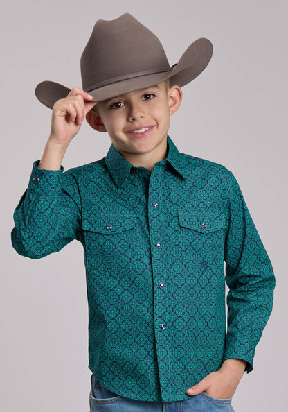 Boys Roper Blue Spruce Medallion Western Snap Shirt
