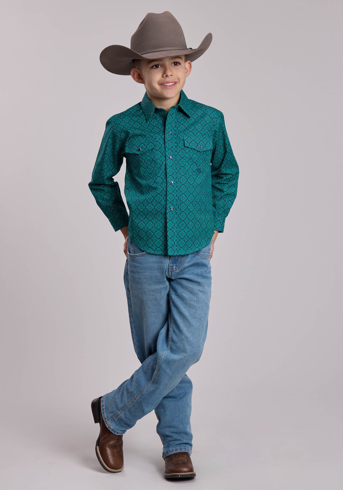 Boys Roper Blue Spruce Medallion Western Snap Shirt
