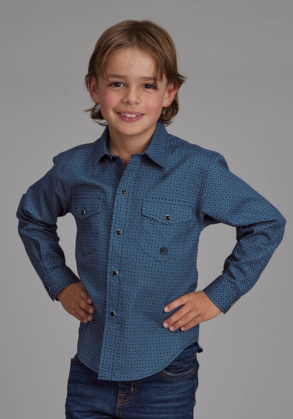 Boys Diamond Print Stretch Poplin - Blue Long Sleeve Snap Western Shirt