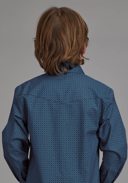 Boys Diamond Print Stretch Poplin - Blue Long Sleeve Snap Western Shirt
