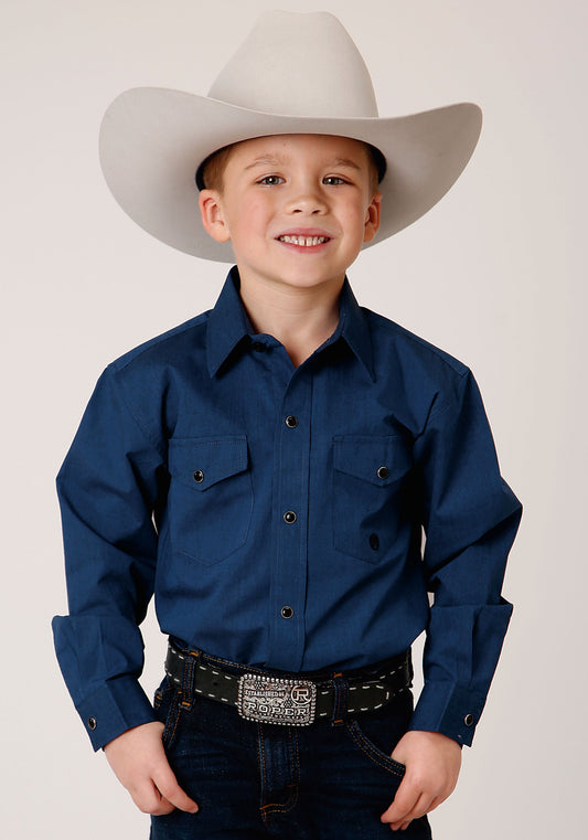 Boys Long Sleeve Snap Black Fill  Solid Blue Western Shirt